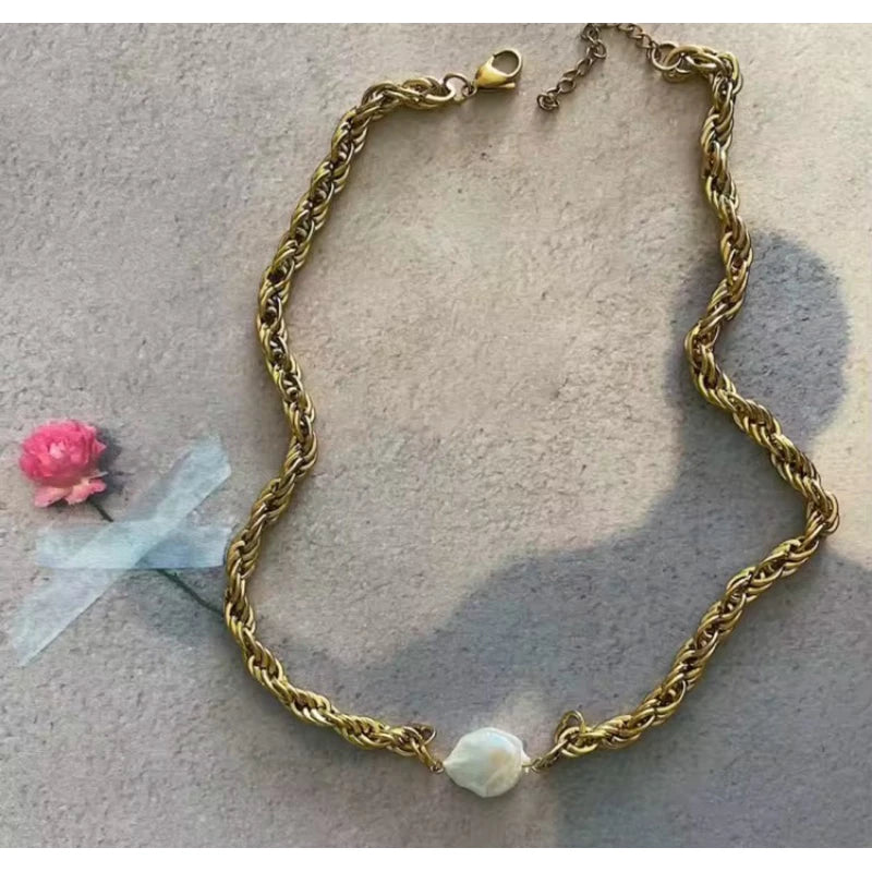 BEAUTY VESSEL 18k Gold plated Pearl Bead Twisted Chain Chocker Necklace