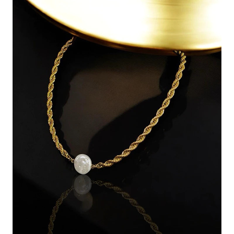 BEAUTY VESSEL 18k Gold plated Pearl Bead Twisted Chain Chocker Necklace
